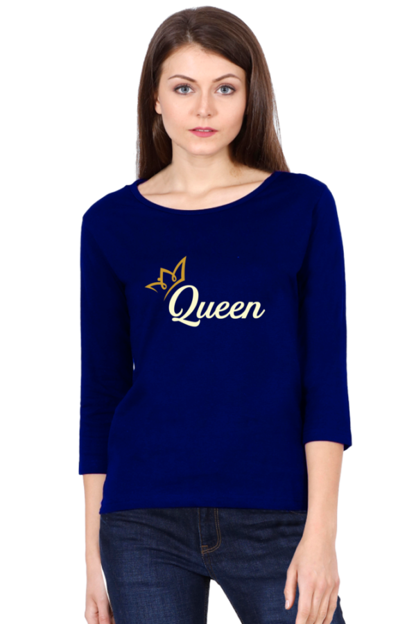 Queen Gold Crown Female Round Neck Full Sleeve Classic T-Shirt