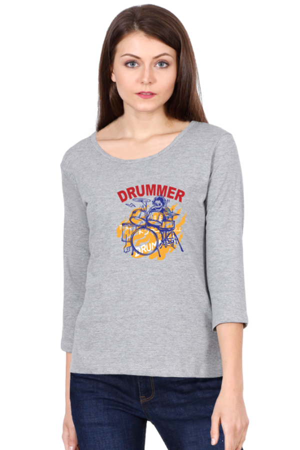Drummer Female Round Neck Full Sleeve Classic T-Shirt